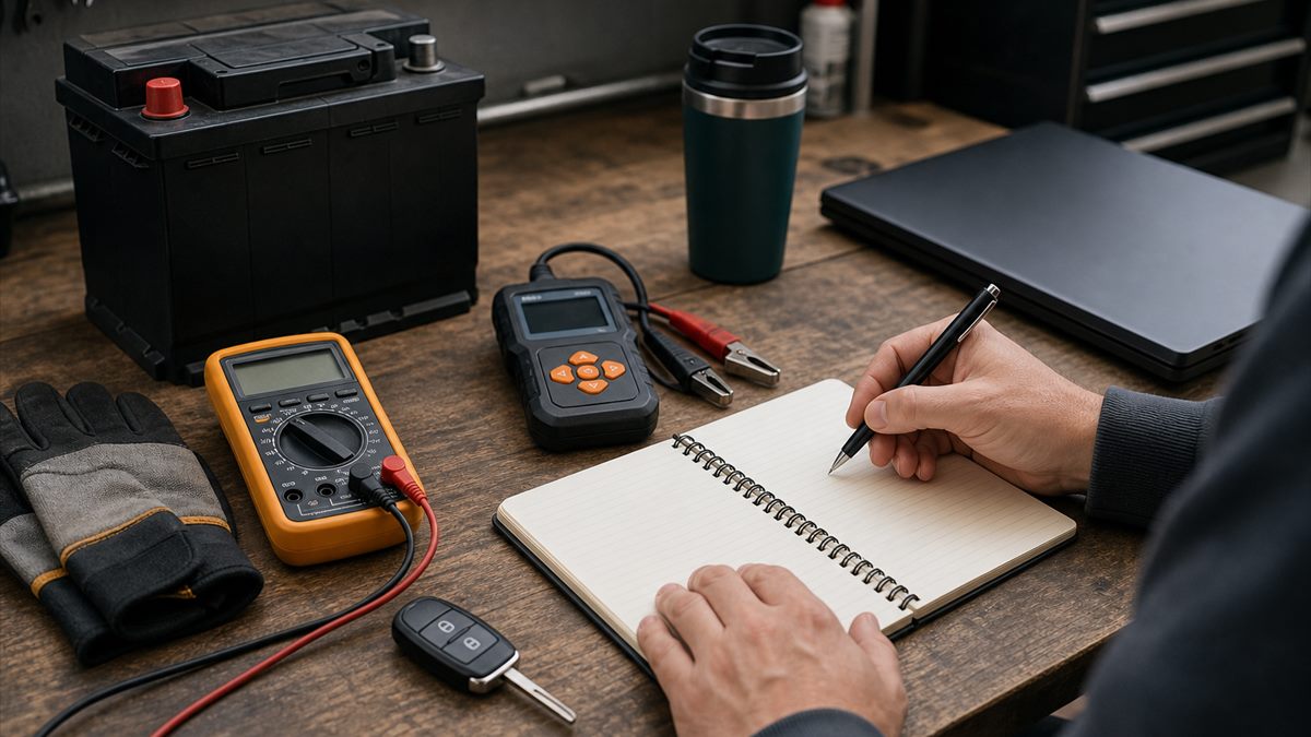 Vehicle troubleshooting notes and tools on a tidy workbench